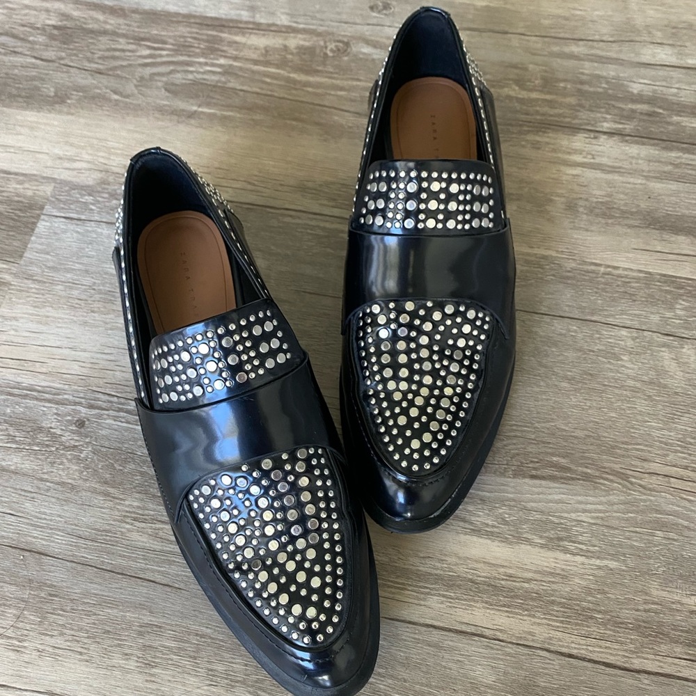 Zara black studded patent leather loafers size 8.5